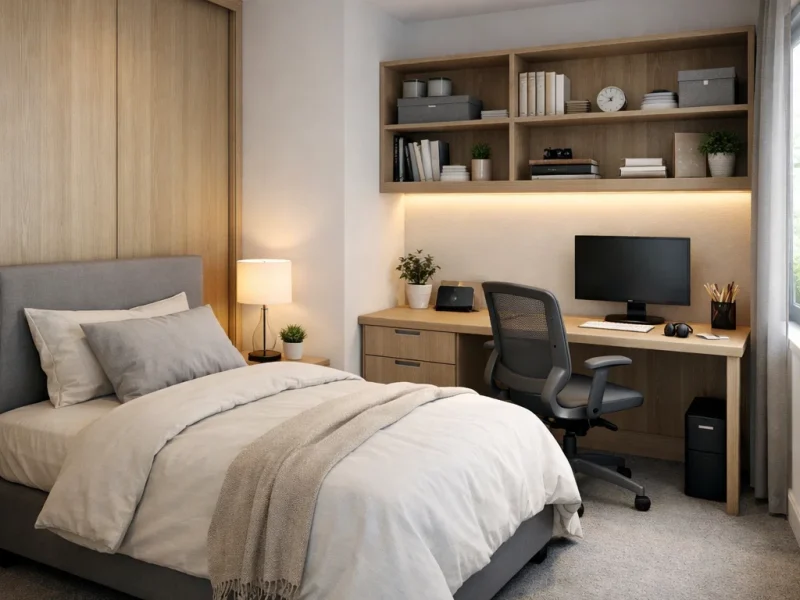 Tampilan kamar tidur remaja dengan tata ruang rapi, meja belajar ergonomis, dan nuansa hangat yang mendukung fokus serta kenyamanan pribadi
