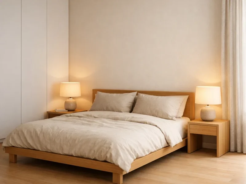 Tampilan kamar tidur sederhana dengan nuansa netral hangat dan furnitur minimal yang terasa rapi serta nyaman untuk beristirahat