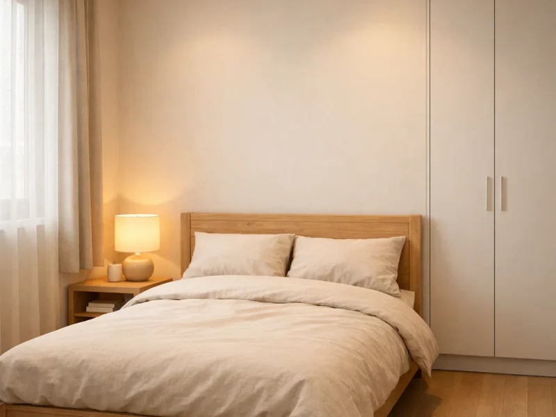 Tampilan kamar tidur sederhana dengan nuansa netral hangat dan penataan rapi yang terlihat nyaman serta fungsional sesuai konsep hemat biaya