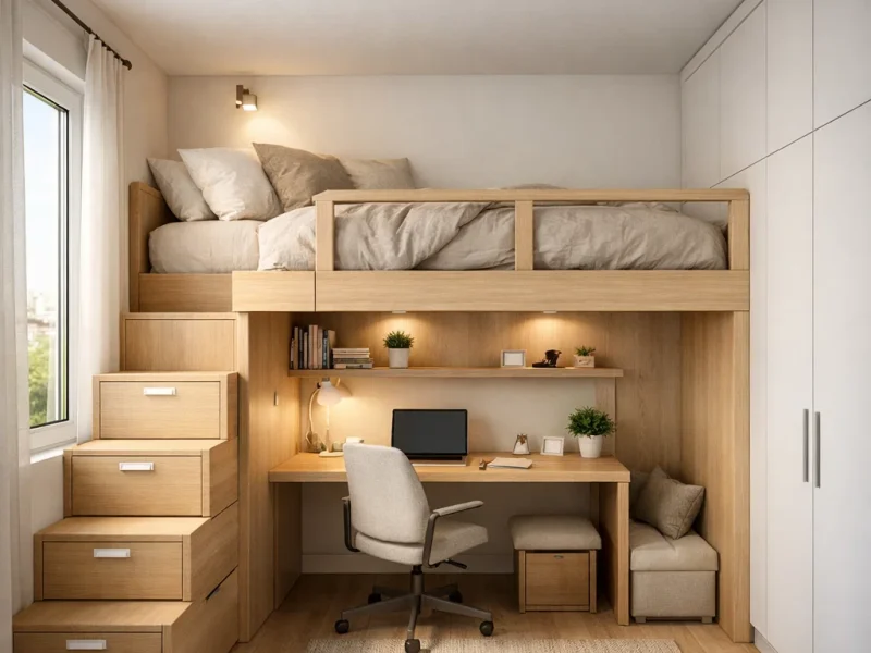 Tampilan kamar tingkat 3x3 minimalis dewasa dengan loft kayu terang dan area kerja di bawahnya yang terasa rapi dan fungsional