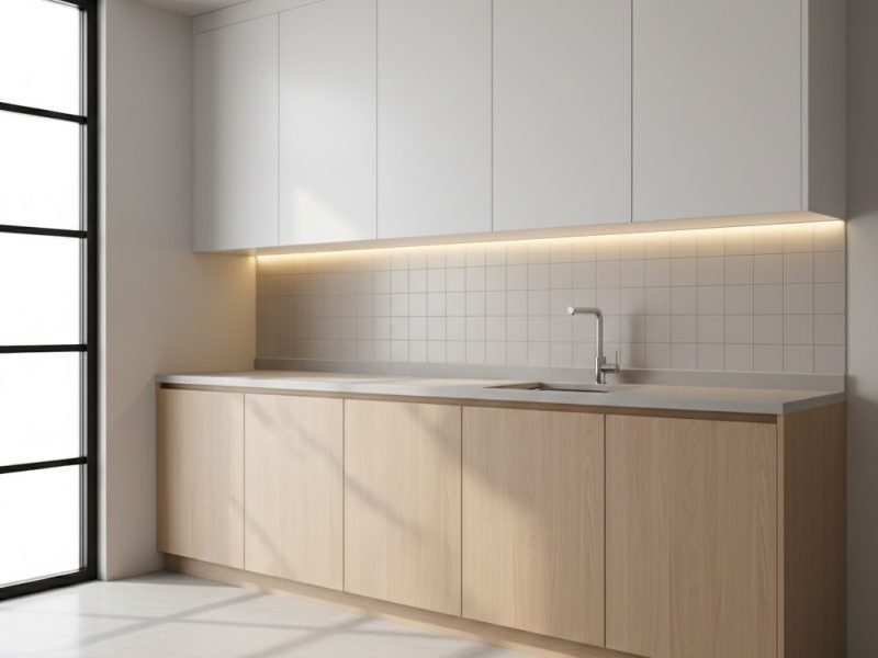 Tampilan kitchen set PVC dengan kombinasi warna netral dan aksen kayu yang terlihat modern, rapi, dan fungsional untuk dapur rumah masa kini