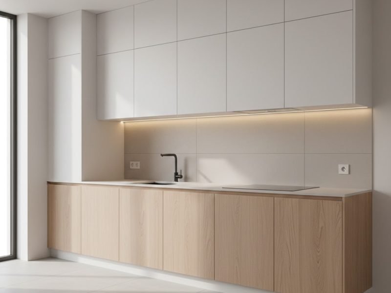 Tampilan kitchen set dapur minimalis dengan kabinet putih dan aksen kayu terang yang terlihat bersih, rapi, dan modern dalam pencahayaan natural hangat