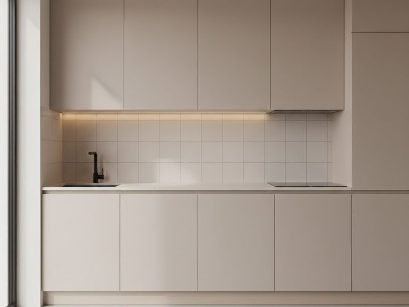 Tampilan kitchen set minimalis dengan kabinet flat-panel warna lembut dan pencahayaan hangat yang menciptakan suasana dapur rapi serta elegan