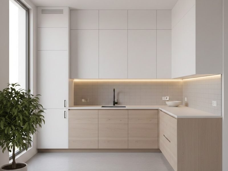 Tampilan kitchen set minimalis dengan kabinet full-height kombinasi putih dan kayu terang yang terlihat rapi, modern, dan efisien untuk dapur kompak