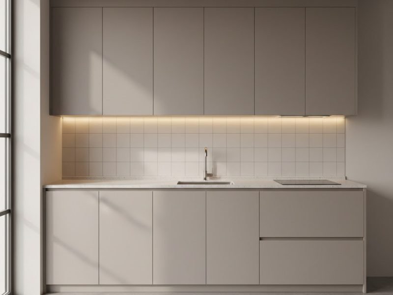 Tampilan kitchen set minimalis dengan proporsi ukuran standar yang ergonomis dan rapi untuk dapur modern