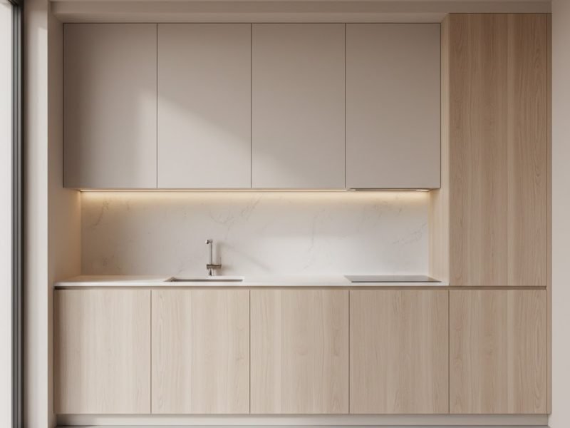 Tampilan kitchen set minimalis modern dengan kombinasi warna netral dan aksen kayu natural yang terlihat rapi, fungsional, dan elegan