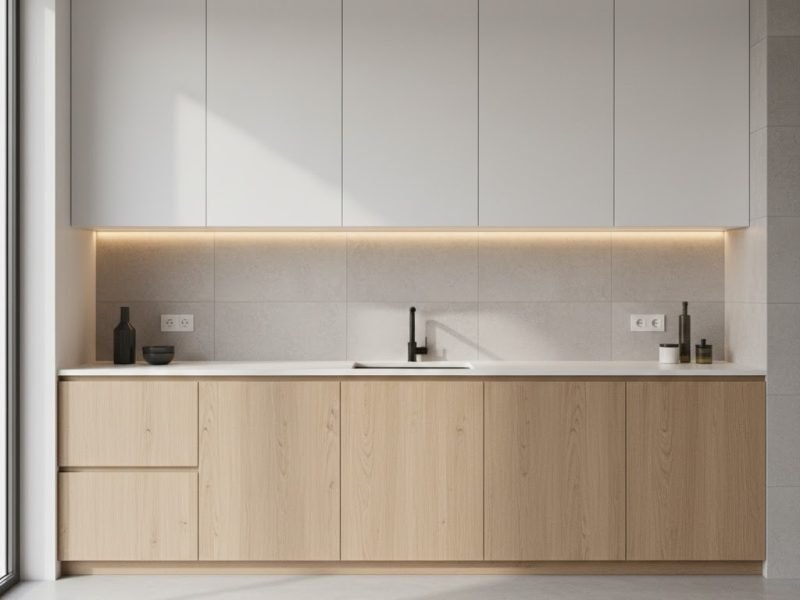 Tampilan kitchen set minimalis terbaru dengan kombinasi wood tone dan putih yang terlihat modern, bersih, dan elegan dalam ruang dapur yang proporsional