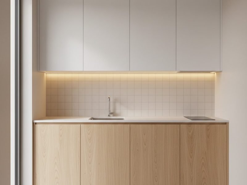 Tampilan kitchen set minimalis untuk dapur kecil dengan layout single line dan kombinasi warna kayu terang serta putih yang membuat ruang terasa lebih luas dan rapi