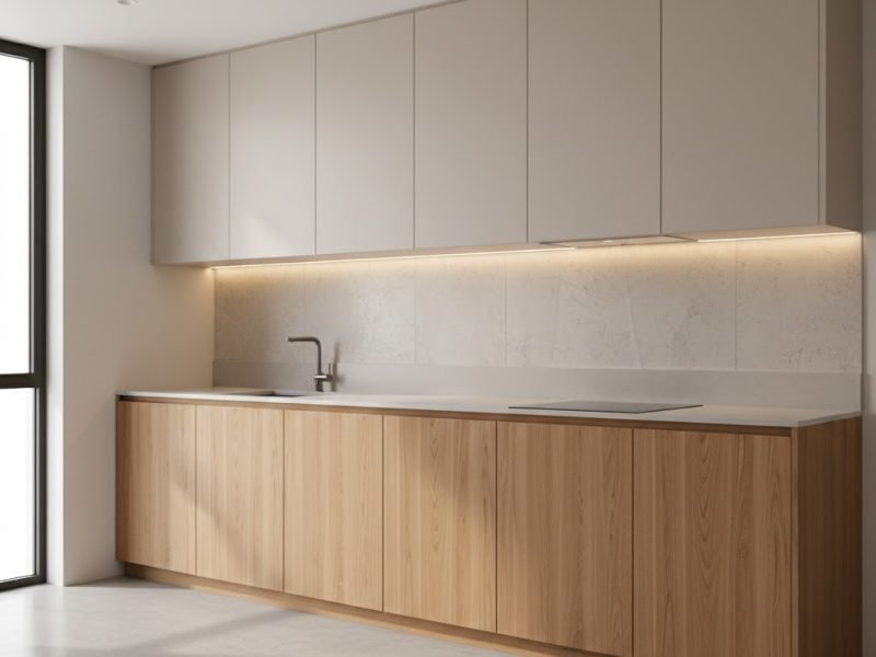 Tampilan kitchen set modern dengan kabinet flat minimalis, kombinasi wood tone hangat dan warna netral elegan yang terlihat rapi serta fungsional untuk dapur masa kini
