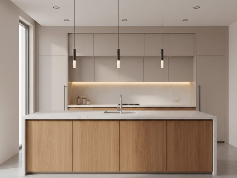 Tampilan kitchen set modern dengan kabinet rata tanpa handle, island kuarsa luas, dan pencahayaan hangat yang menciptakan suasana dapur elegan dan fungsional