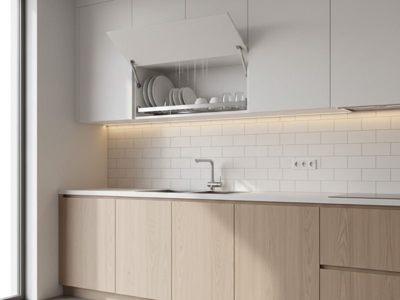 Tampilan kitchen set modern dengan rak piring terintegrasi yang rapi dan fungsional dalam kabinet minimalis berwarna putih dan aksen kayu terang