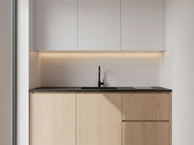 Tampilan kitchen set modern untuk dapur kecil dengan desain linear rapi, kombinasi putih dan kayu terang yang memberi kesan bersih dan lega
