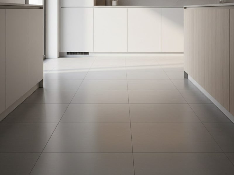 Tampilan lantai dapur minimalis dengan keramik matte abu berukuran besar yang menyatu rapi dengan kabinet putih dan pencahayaan hangat modern