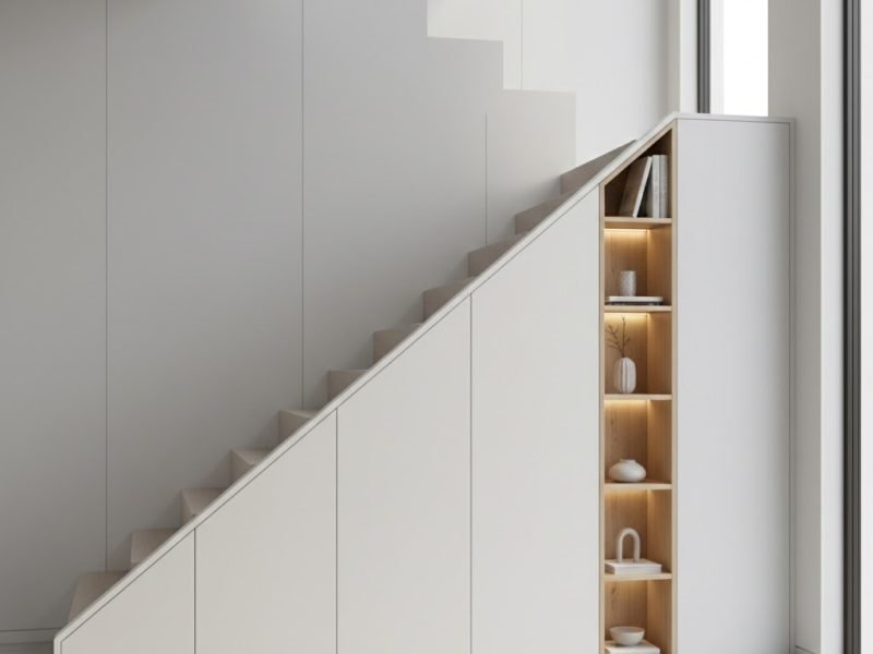 Tampilan lemari bawah tangga custom dengan kombinasi panel tersembunyi dan rak display yang menyatu rapi dengan desain interior rumah modern