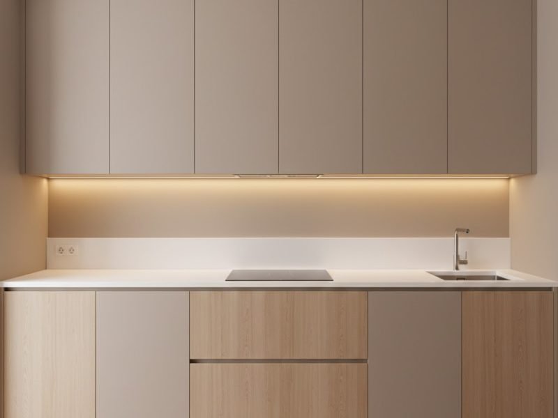 Tampilan lemari dapur minimalis dengan panel rata, warna netral hangat, dan pencahayaan lembut yang menonjolkan kesan rapi serta fungsional