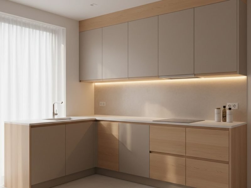 Tampilan lemari dapur modern dengan komposisi L-shape yang rapi dan pencahayaan hangat menciptakan suasana dapur yang bersih dan fungsional