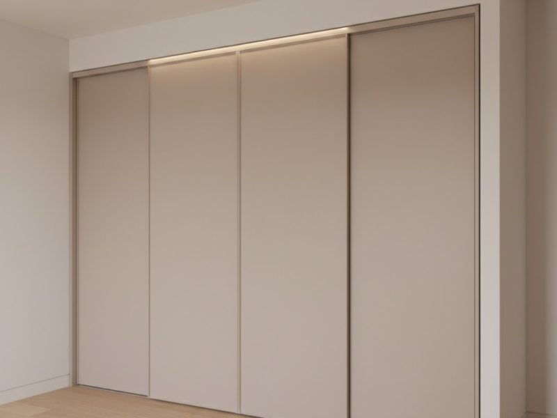 Tampilan lemari pakaian 4 pintu geser full tinggi dengan panel matte elegan dan pencahayaan hangat yang menyatu harmonis dalam kamar modern