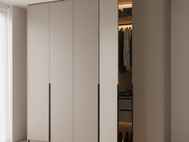 Tampilan lemari pakaian aluminium built-in dengan finishing matte modern yang menyatu rapi dari lantai hingga plafon dalam kamar minimalis yang terang dan bersih