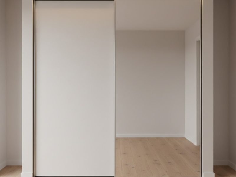 Tampilan lemari pakaian sliding door minimalis modern dengan kombinasi panel matte dan cermin yang menyatu rapi dengan dinding kamar