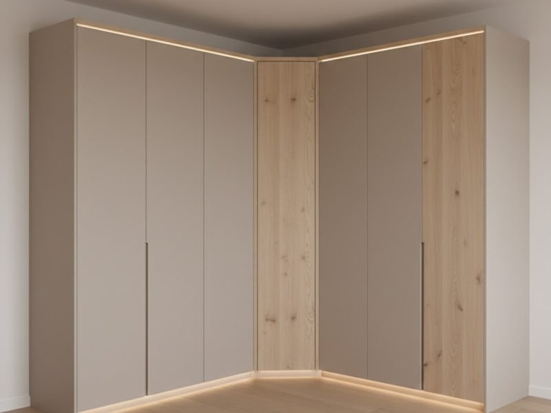 Tampilan lemari pakaian sudut model L dengan finishing wood tone dan warna netral yang menyatu rapi dengan interior kamar modern minimalis