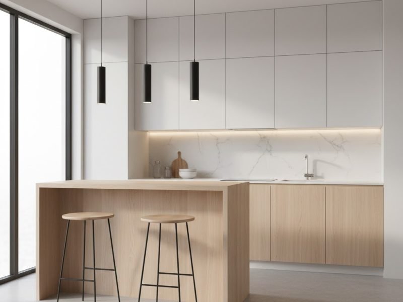 Tampilan meja bar dapur minimalis dengan perpaduan kabinet putih dan top kayu terang yang menyatu elegan dalam konsep dapur modern yang rapi dan hangat