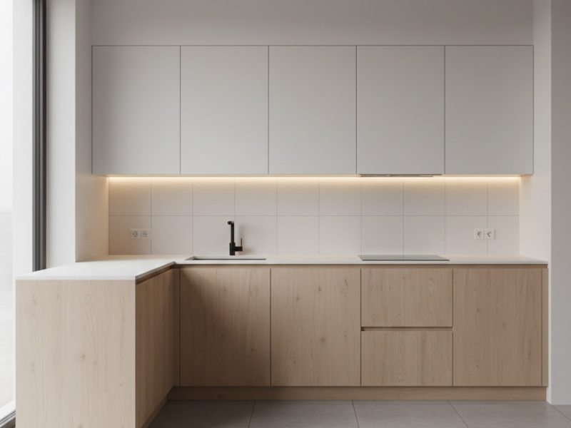 Tampilan meja dapur minimalis berbentuk L dengan top solid surface putih dan kabinet kayu terang yang bersih serta modern