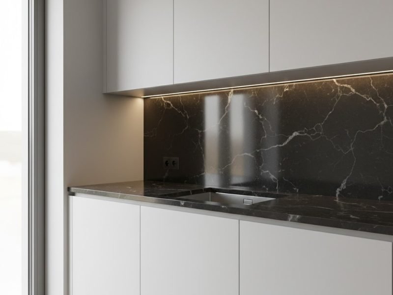 Tampilan meja dapur minimalis dengan top granit hitam mengilap dan kabinet putih bersih yang menciptakan kesan modern dan rapi