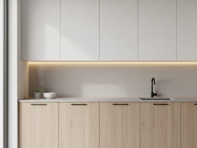 Tampilan meja dapur minimalis ukuran 150 cm dengan kabinet putih dan aksen kayu terang yang terlihat rapi, fungsional, dan proporsional untuk dapur rumah modern