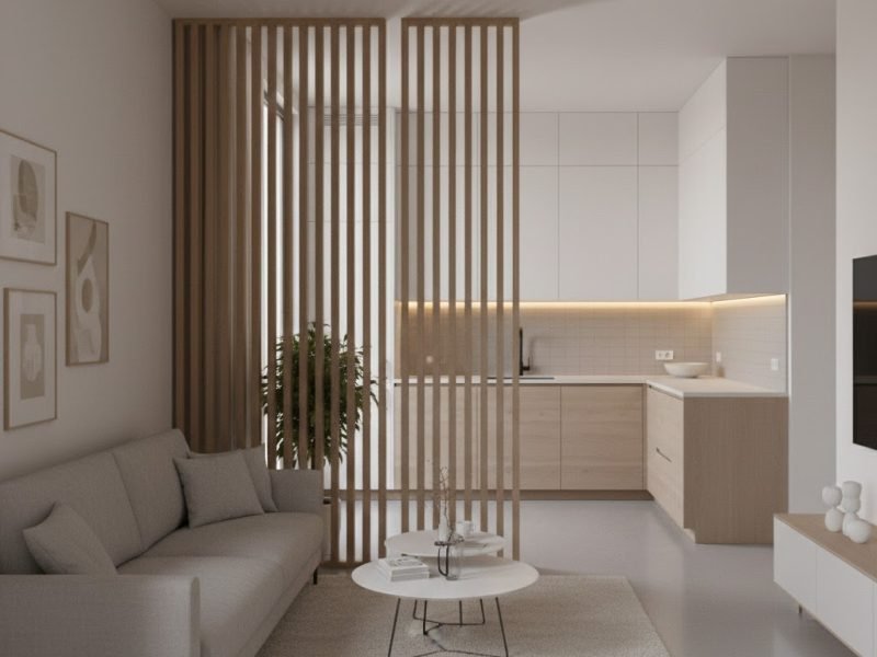 Tampilan ruang tamu dan dapur modern yang dipisahkan partisi kayu vertikal dengan nuansa hangat dan tata ruang minimalis yang tetap terasa lega