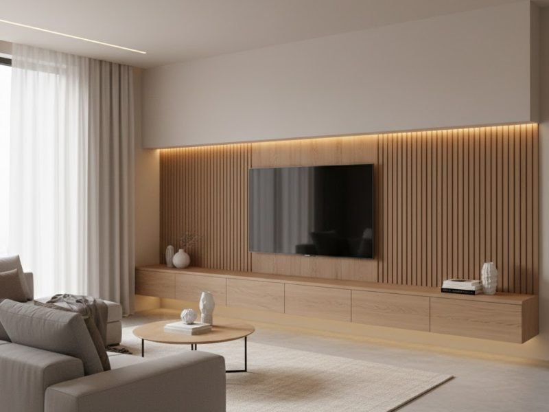 Tampilan ruang tamu modern dengan lemari TV custom built-in yang rapi dan proporsional sebagai focal point utama ruangan