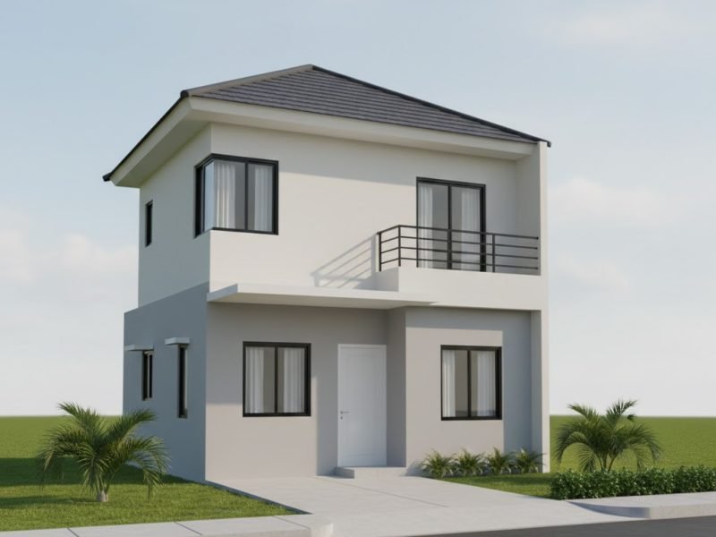 Tampilan rumah 2 lantai sederhana dengan komposisi minimalis, balkon kecil di lantai atas, dan proporsi fasad yang ringkas namun tetap fungsional serta realistis untuk konsep anggaran terbatas