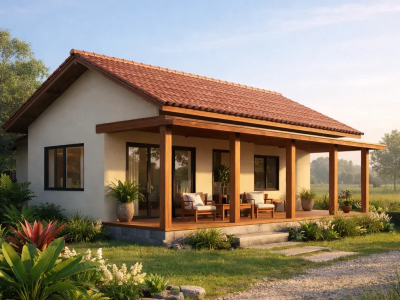 Tampilan rumah desa dengan teras lebar dan atap miring yang menyatu dengan lingkungan hijau sekitar serta suasana pedesaan yang tenang