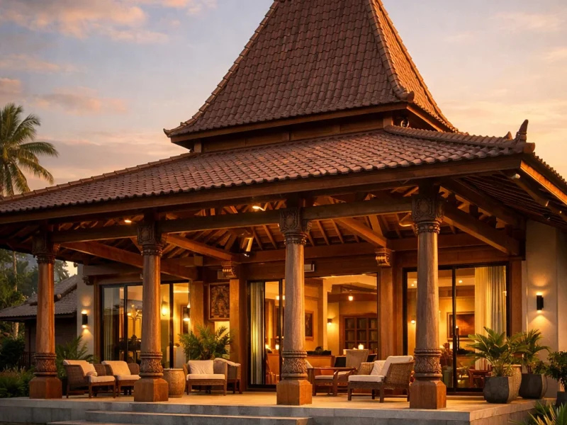 Tampilan rumah joglo modern dengan struktur atap tinggi khas Jawa dan perpaduan material kayu alami serta fasad kontemporer yang elegan