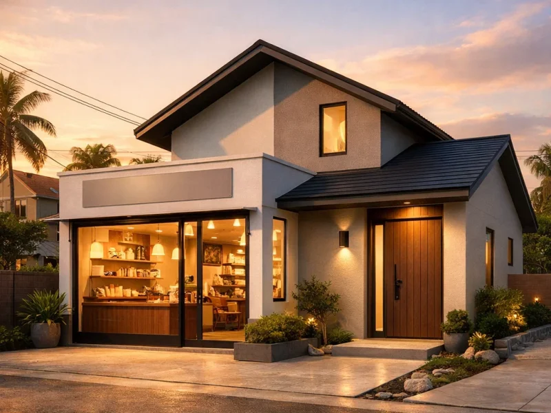 Tampilan rumah modern yang terintegrasi dengan warung di bagian depan dengan akses terpisah dan komposisi fasad yang rapi serta proporsional.