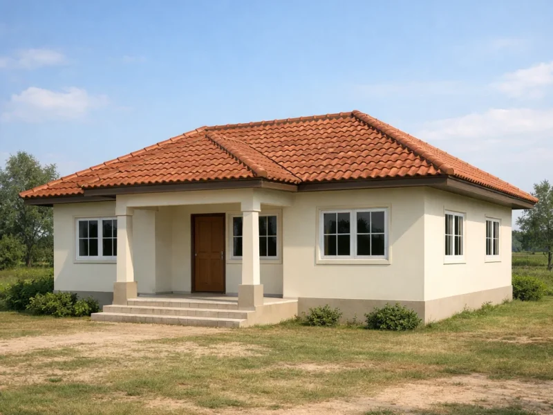 Tampilan rumah sederhana empat kamar di area kampung dengan bentuk proporsional, teras depan nyaman, dan suasana pedesaan yang hangat serta alami