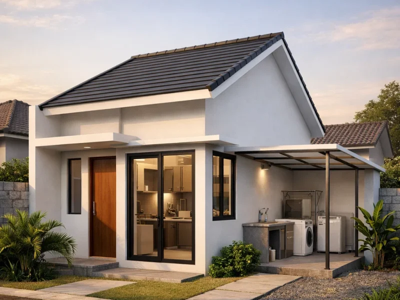 Tampilan rumah subsidi type 36 dengan area dapur belakang yang diperluas secara sederhana namun rapi dan fungsional