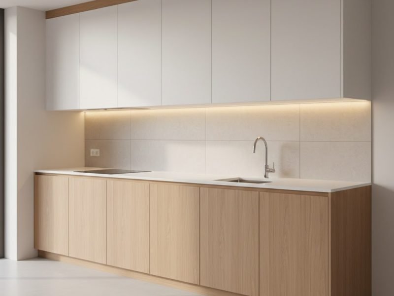 Visual kitchen set modern dengan kombinasi warna putih dan kayu natural yang memperlihatkan detail kabinet bawah dan atas secara proporsional dan rapi