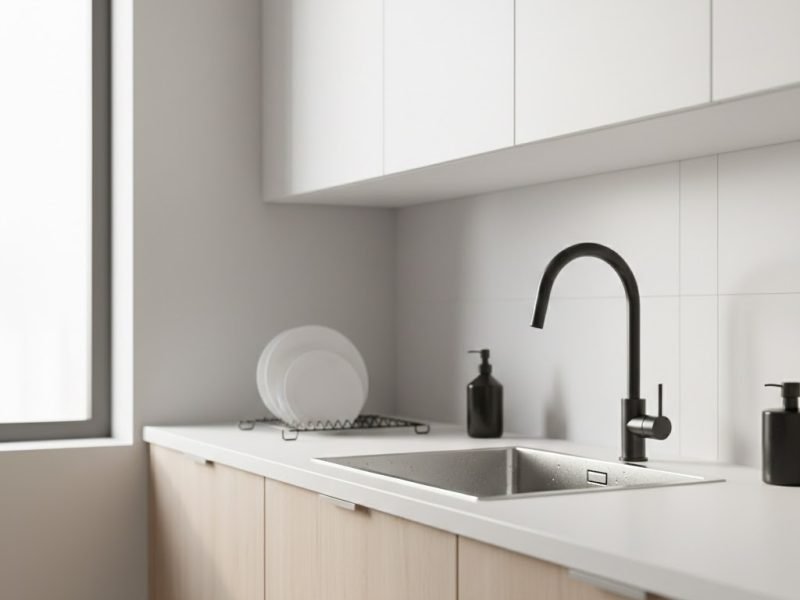 Wastafel dapur minimalis di atas countertop yang rapi dengan keran modern dan pencahayaan hangat untuk suasana dapur yang bersih dan nyaman